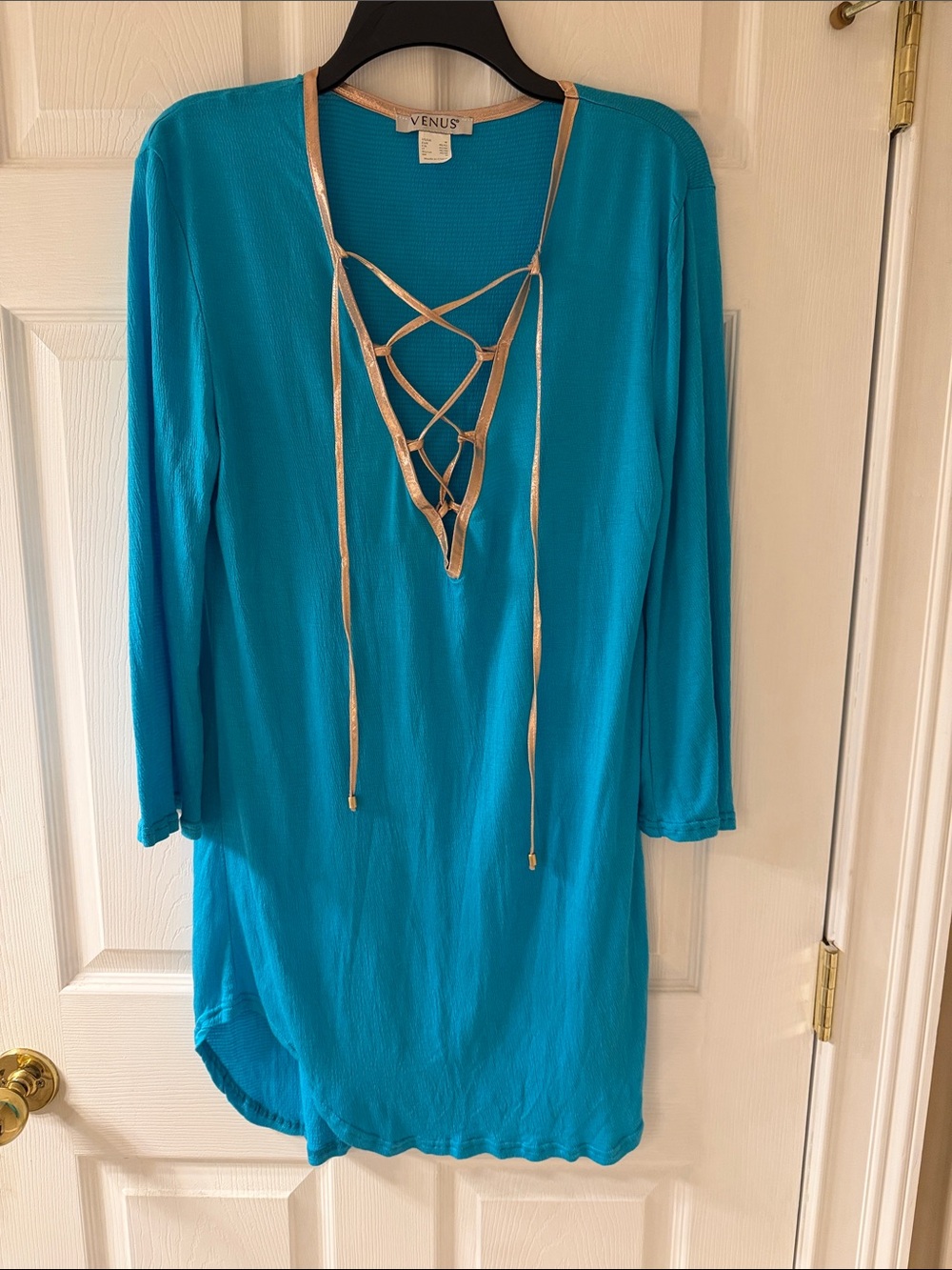 VENUS Turquoise Lace-Up V-Neck Tunic with Gold Trim Swim Cover up